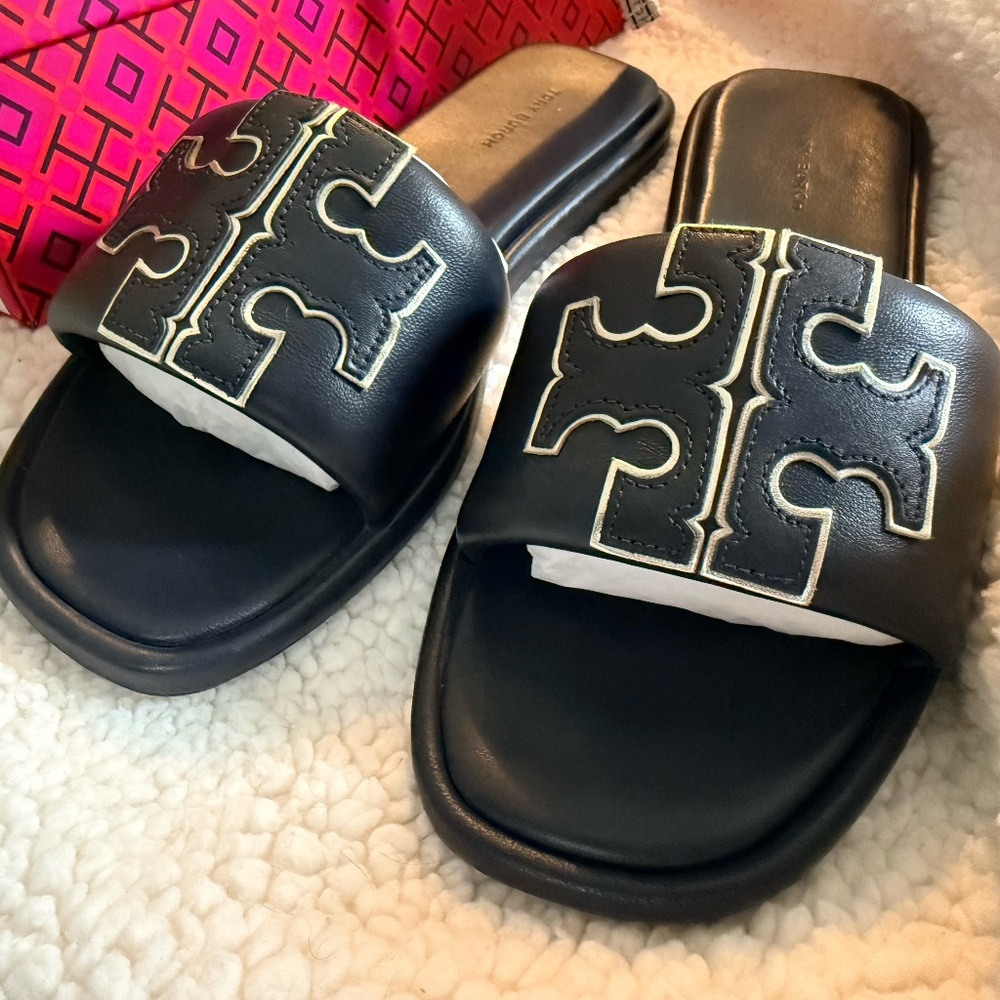 Tory Burch DOUBLE T SPORT SLIDE Navy Blue Size 8 Excellent!!!